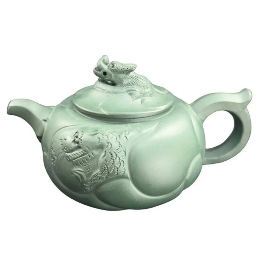 Chinese Yixing‎ Zisha Green Clay Teapot Marked Pottery Dragon Serpent Tongue Out